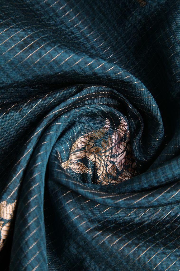 Peacock Blue Jute Sarees with Gold Zari Floral Puttas view 4