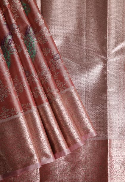 Amber Orange Tissue Silk Sarees with Gold Zari Peacock Motifs