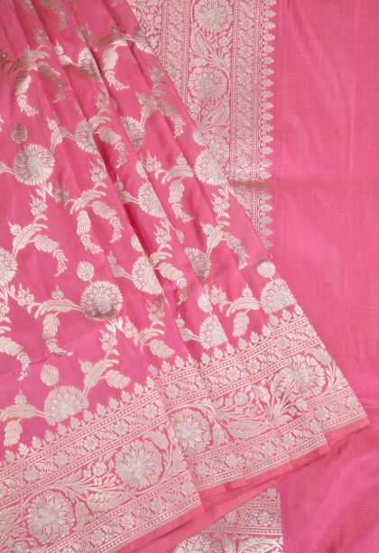 Rose Pink Banaras Silk Saree with Gold Zari Floral Patterns