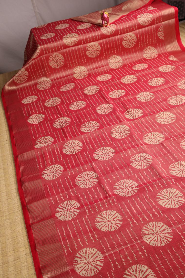 Rose  Red Semi Raw Silk Printed with Gold Zari Bandhani / Tie Dye view 2
