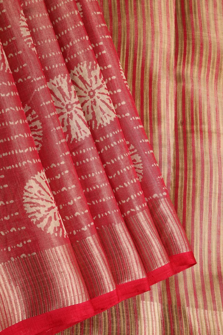Rose  Red Semi Raw Silk Printed with Gold Zari Bandhani / Tie Dye view 1