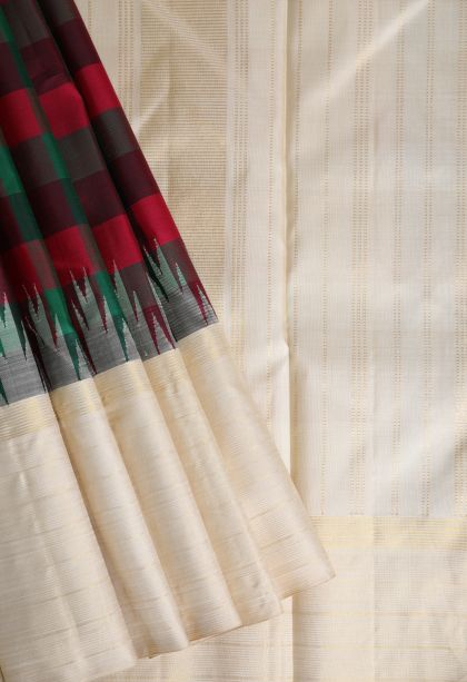 Rose  Red Kanchipuram Silk Sarees with Gold Zari Checks