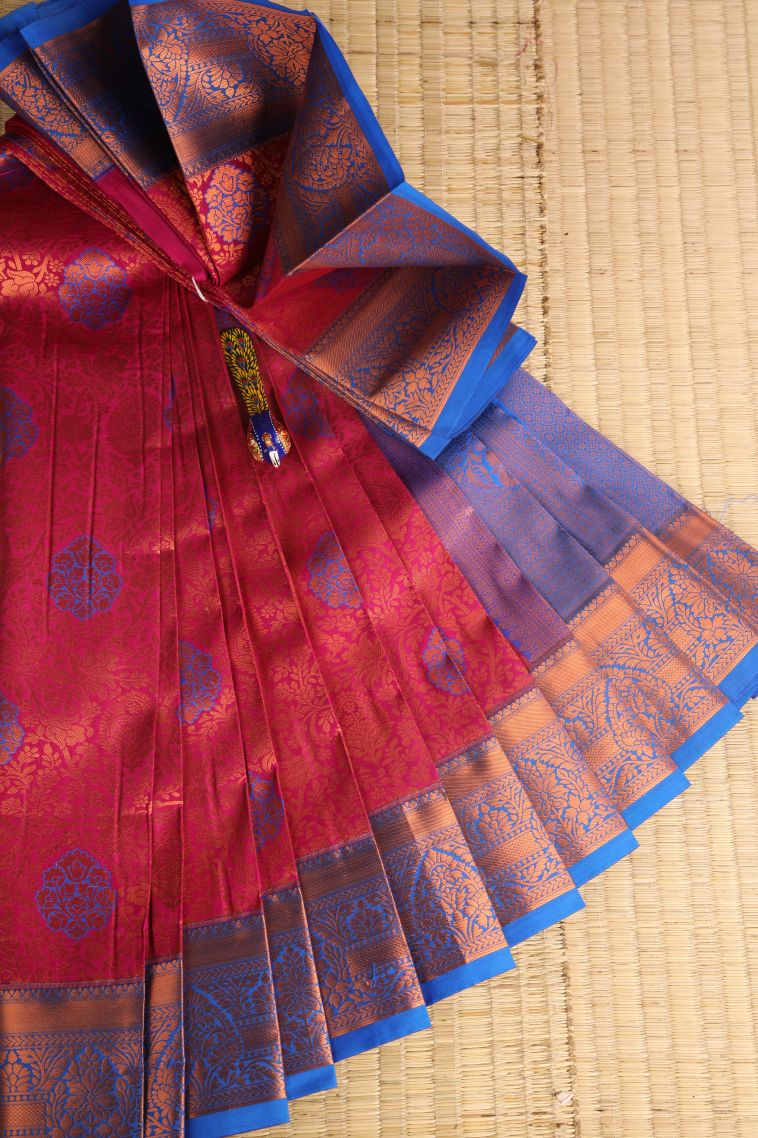 Rose  Red Visiri Madippu Silk Sarees with Copper Zari Floral Patterns view 1