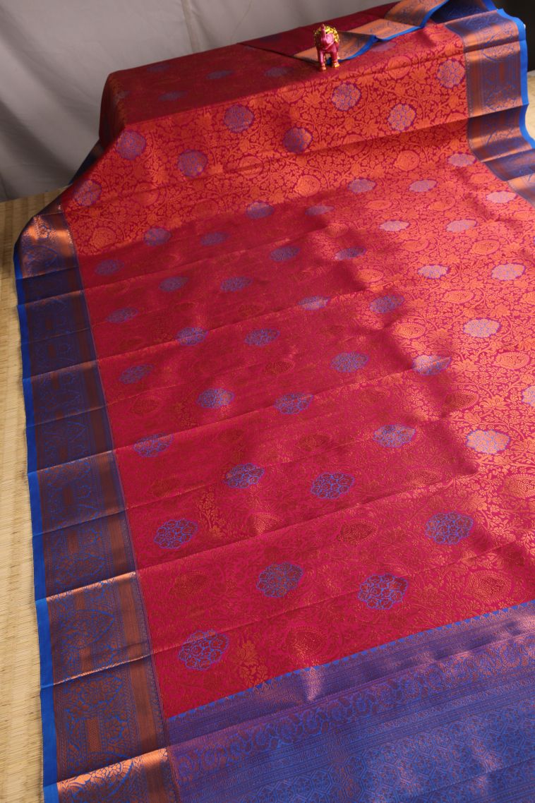 Rose  Red Visiri Madippu Silk Sarees with Copper Zari Floral Patterns view 2