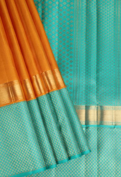Apricot Orange Kanchipuram Silk Sarees with Gold Zari Small Checks Pattern