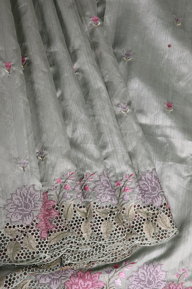 Davy Black Semi Tussar Silk with Without Zari Zari Floral Patterns view 1
