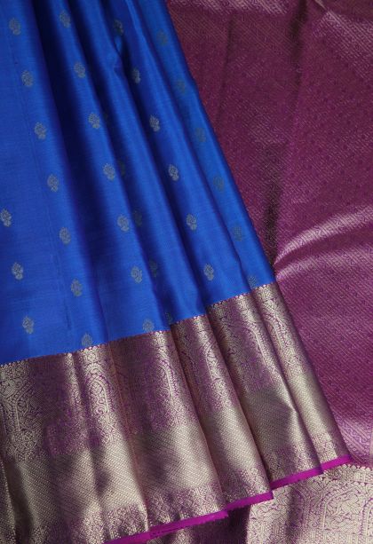 Lapis Blue Soft Silk Saree with Gold Zari Buttis (small Dots Or Motifs)