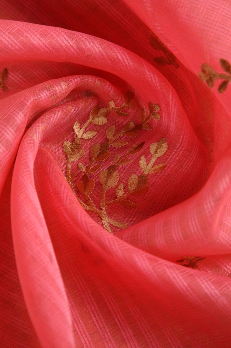 Rouge Pink Manipuri Cotton Sarees with Gold Zari Floral Patterns view 4