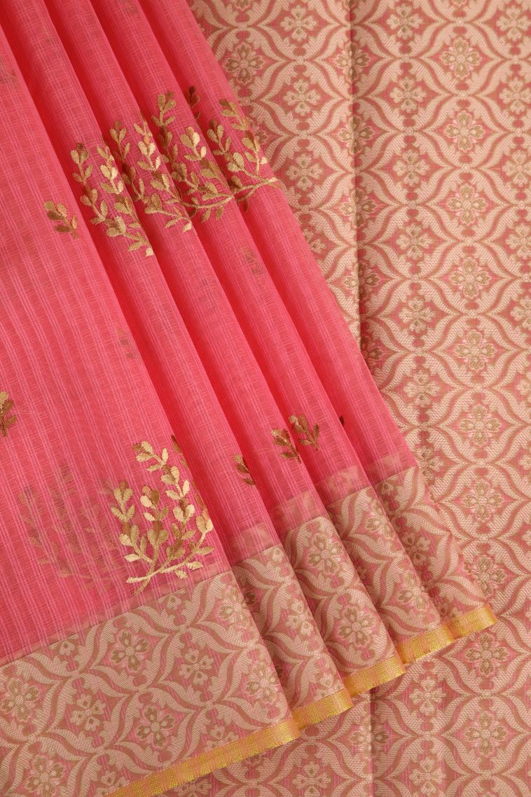 Rouge Pink Manipuri Cotton Sarees with Gold Zari Floral Patterns view 1