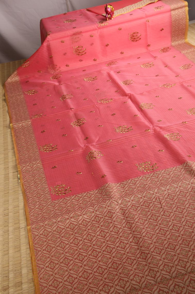 Rouge Pink Manipuri Cotton Sarees with Gold Zari Floral Patterns view 2