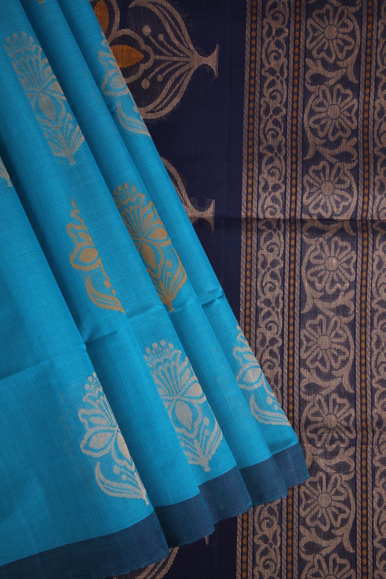 Arctic Blue Pure Handloom Kovai Cotton with Without Zari Zari Floral Patterns view 1