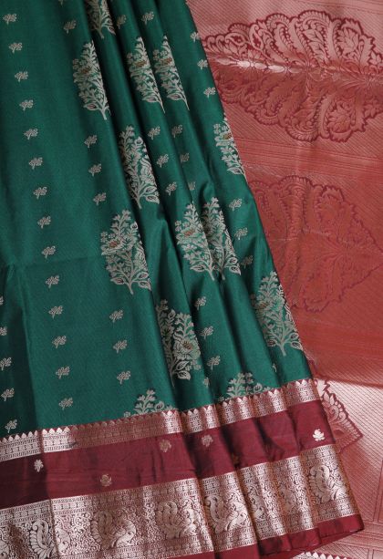 Pine Green Apoorva Silk Sarees with Gold Zari Floral Patterns