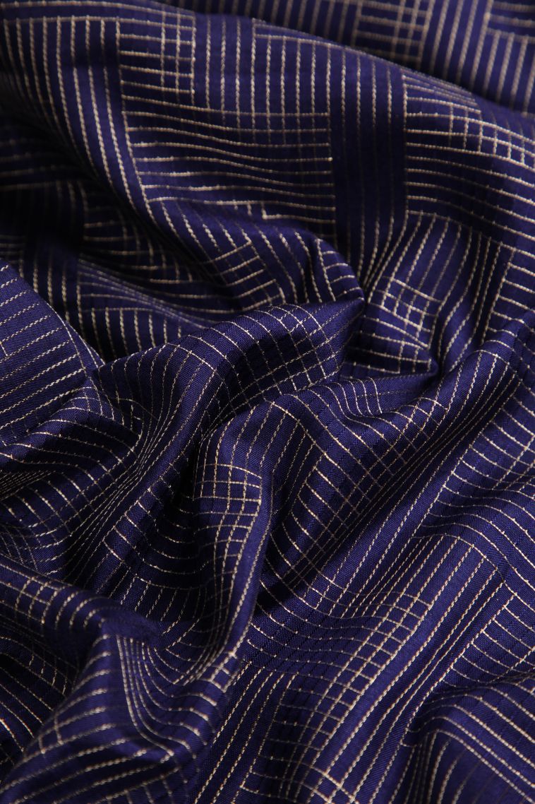 Indigo Blue Raw Silk Sarees with Gold Zari Geometric Shapes view 4
