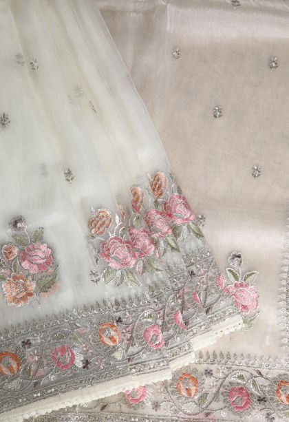 Chiffon White Organza Saree with Silver Zari Floral Patterns