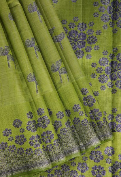 Pickle Green Raw Silk Sarees with Without Zari Zari Floral Patterns