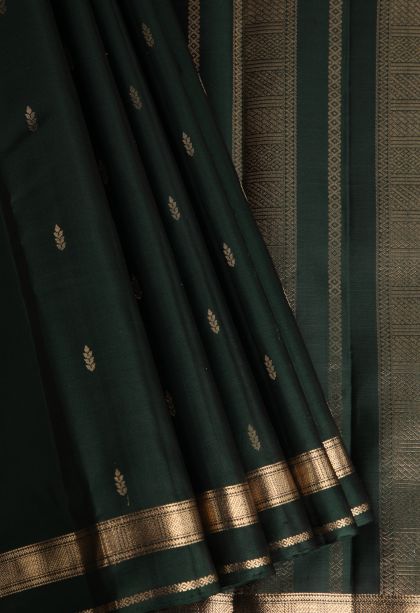 Bottle Green Soft Silk Saree with Gold Zari Floral Puttas