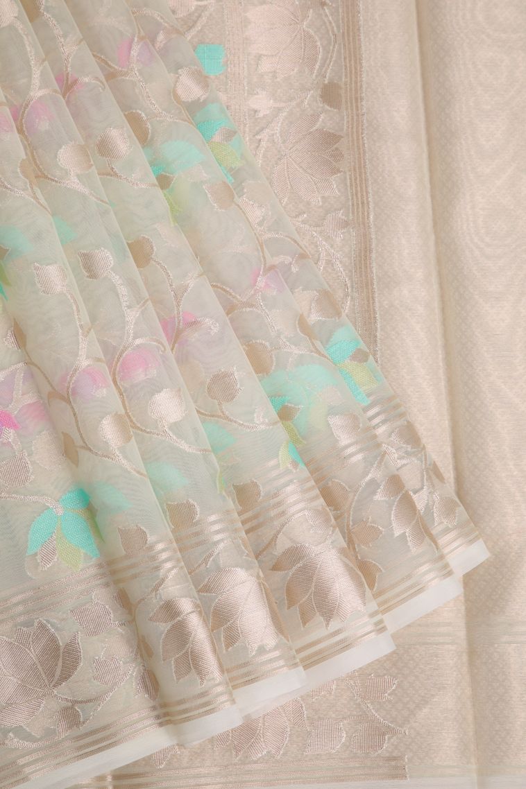 Ivory White Organza Saree with Copper Zari Floral Patterns view 1