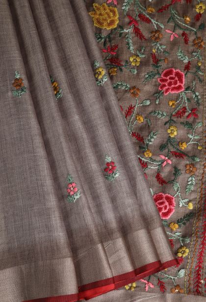 Tawny Brown Linen Saree with Gold Zari Buttis (small Dots Or Motifs)