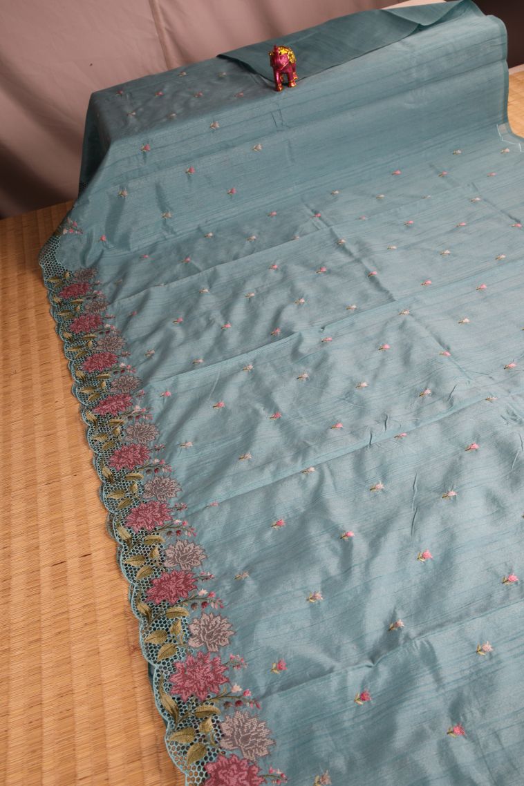 Sapphire Blue Semi Tussar Silk with Without Zari Zari Floral Patterns view 2