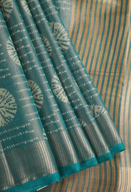 Teal Blue Semi Raw Silk Printed with Gold Zari Bandhani / Tie Dye