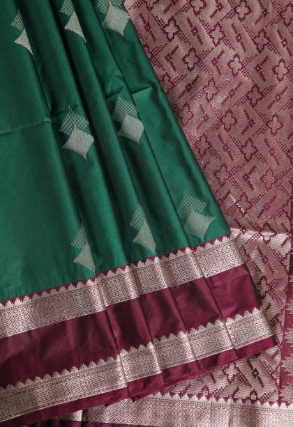 Bottle Green Soft Silk Saree with Silver Zari Geometric Shapes