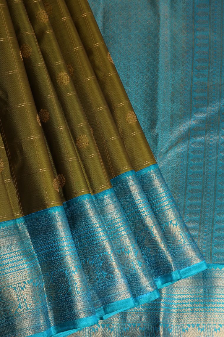 Fawn Yellow Soft Silk Saree with Gold Zari Checks And Puttas view 1