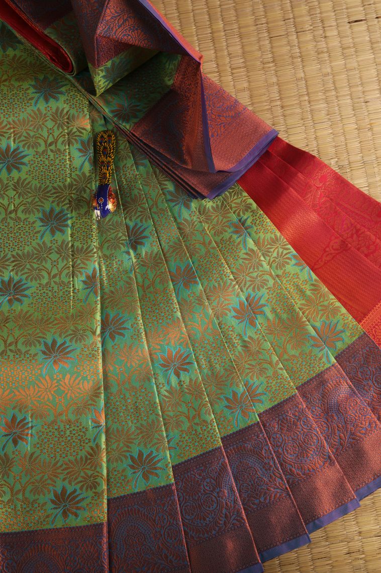 Forest Green Visiri Madippu Silk Sarees with Copper Zari Floral Patterns view 1