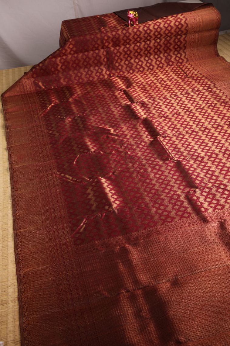 Bindi Red Kanchipuram Silk Sarees with Gold Zari Geometric Shapes view 2