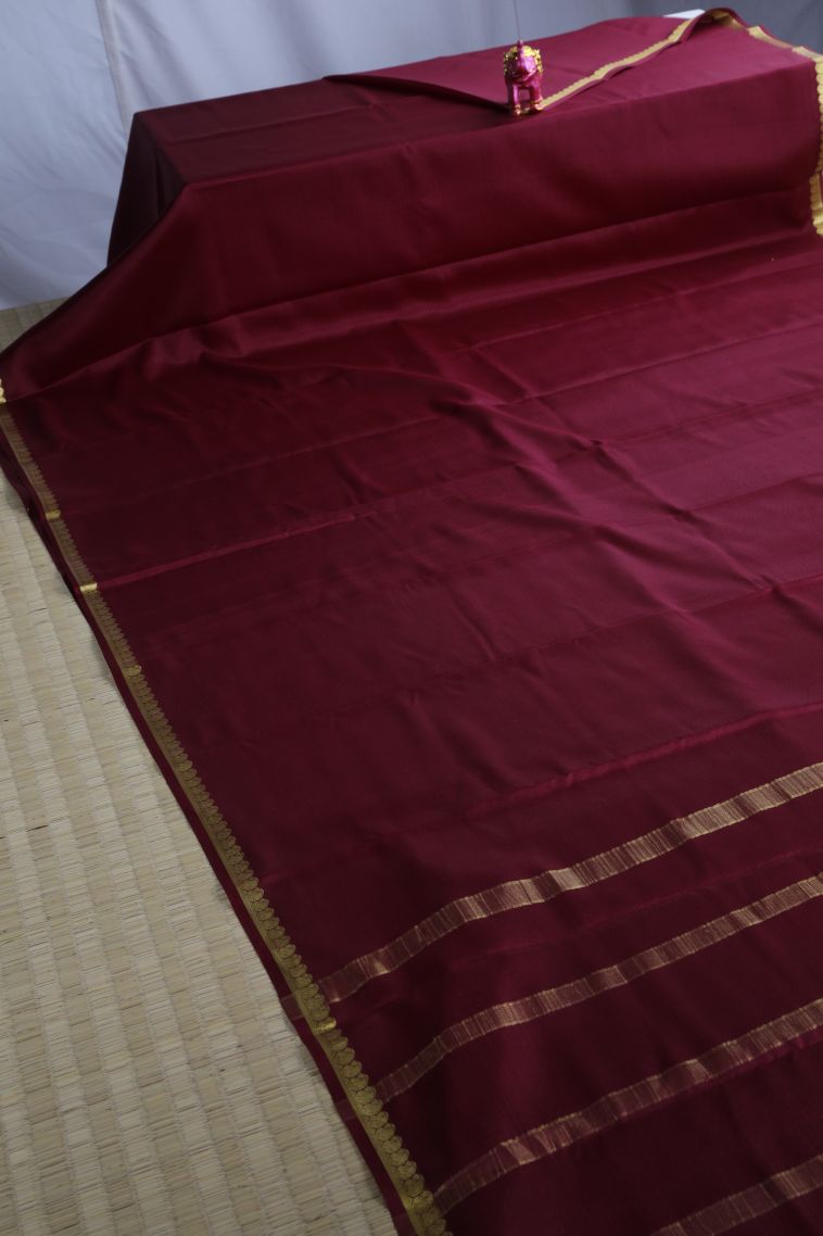 Garnet Red Mysore Silk with Gold Zari Plain view 2