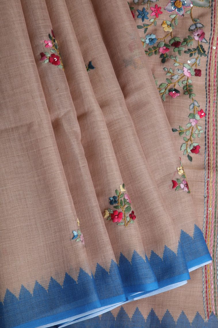 Salmon Pink Linen Saree with Without Zari Zari Floral Patterns view 1