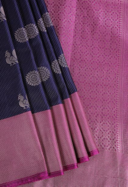 Navy Blue Soft Silk Sarees with Gold Zari Peacock Motifs