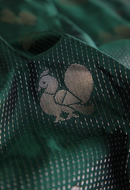 Bottle Green Soft Silk Sarees with Gold Zari Peacock Motifs