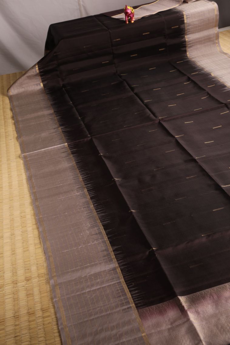 Carob Brown Soft Silk Saree with Gold Zari Raindrops Model view 2