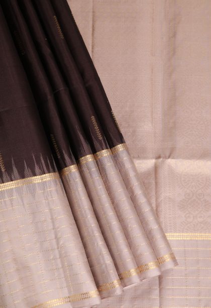 Carob Brown Soft Silk Saree with Gold Zari Raindrops Model
