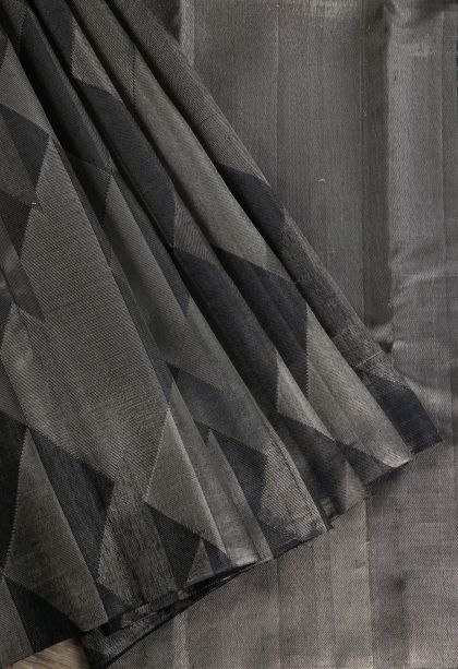 Eel Black Kanchipuram Silk Sarees with Gold Zari Geometric Shapes