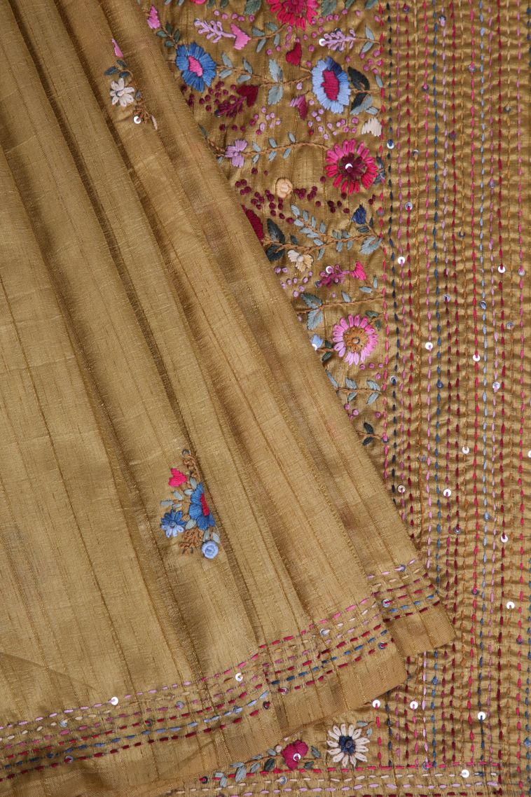 Tortilla Brown Jute Sarees with Without Zari Zari Floral Patterns view 1