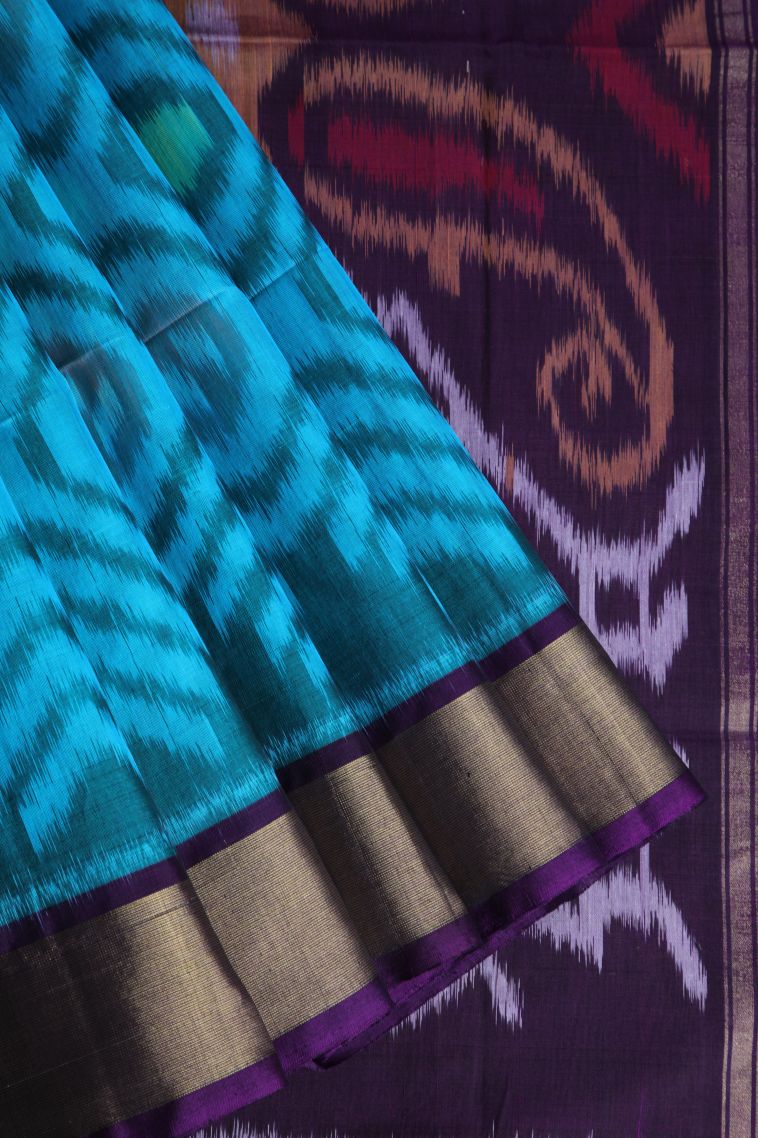 Cerulean Blue Pochampalli Saree with Gold Zari Geometric Shapes view 1