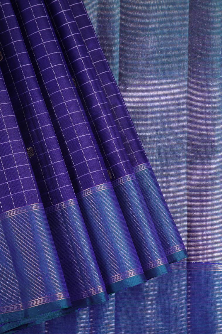 Berry Blue Kanchipuram Silk Sarees with Gold Zari Checks And Puttas view 1