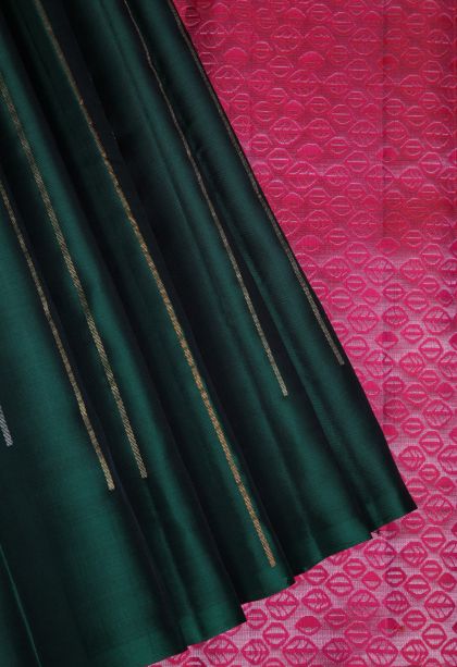 Bottle Green Soft Silk Saree with Gold Zari Stripes
