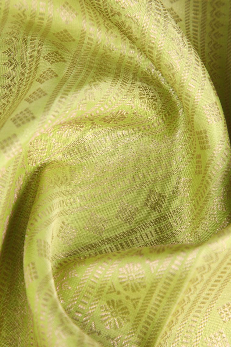 Lime Green Kanchipuram Silk Sarees with Gold Zari Floral Patterns view 4