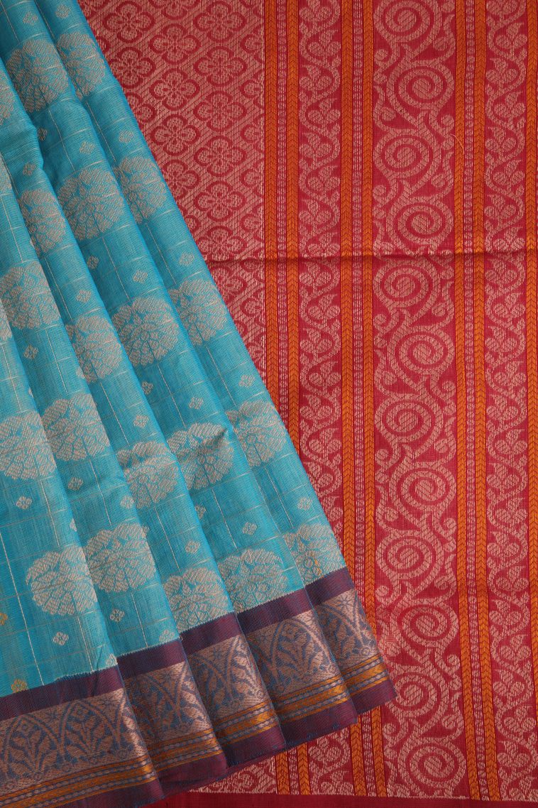 Sky Blue Pure Handloom Kovai Cotton with Without Zari Zari Floral Patterns view 1