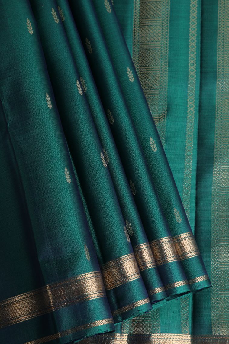 Ocean Blue Soft Silk Saree with Gold Zari Buttis (small Dots Or Motifs) view 1