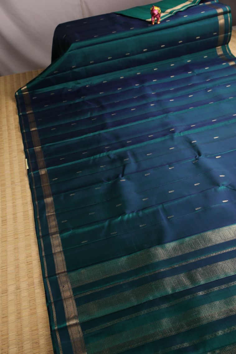 Ocean Blue Soft Silk Saree with Gold Zari Buttis (small Dots Or Motifs) view 2