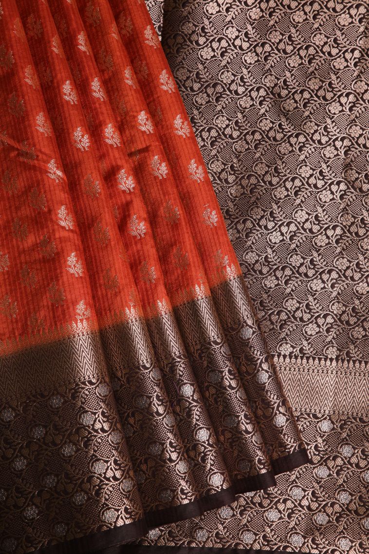 Fire Orange Jute Sarees with Gold Zari Buttis (small Dots Or Motifs) view 1