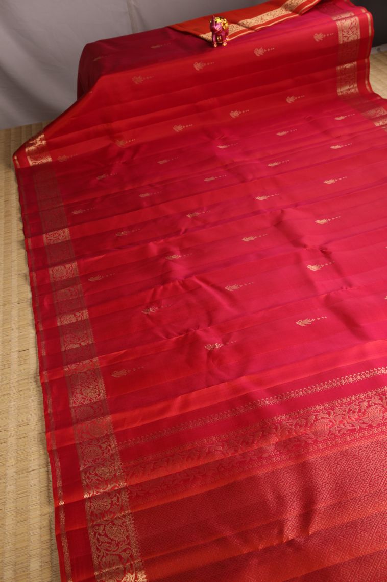 Candy Red Soft Silk Saree with Gold Zari Floral Puttas view 2