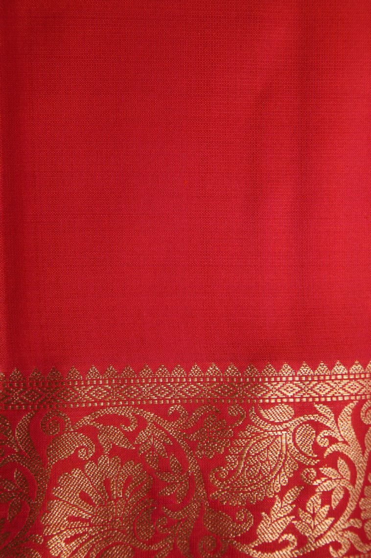 Candy Red Soft Silk Saree with Gold Zari Floral Puttas view 3