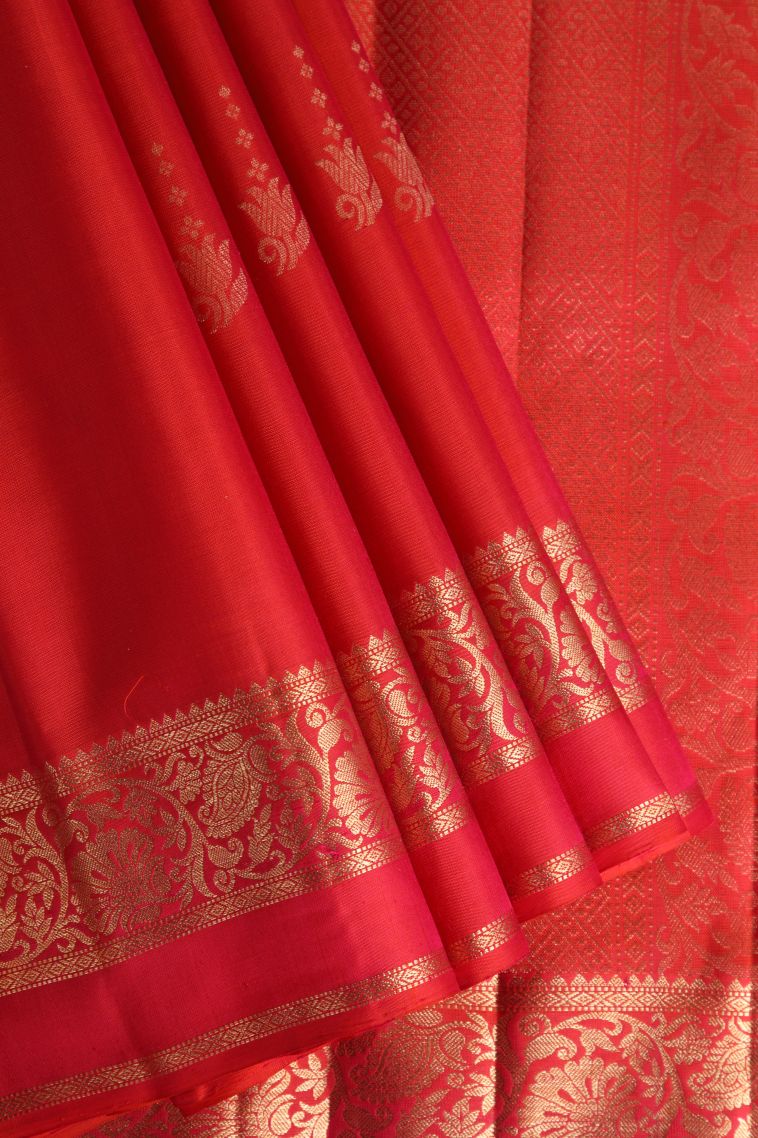 Candy Red Soft Silk Saree with Gold Zari Floral Puttas view 1