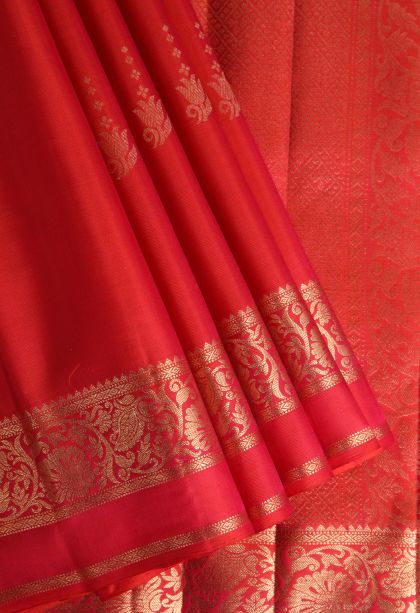 Candy Red Soft Silk Saree with Gold Zari Floral Puttas