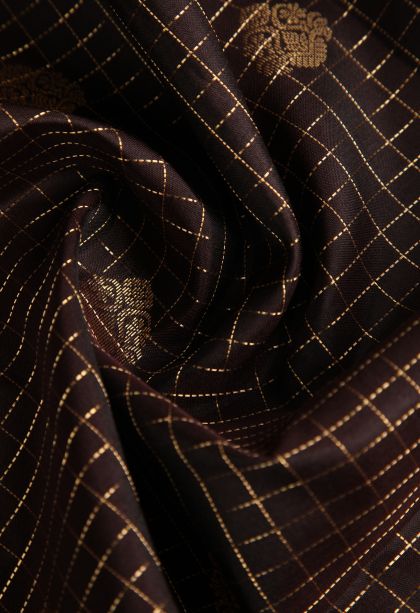 Brunette Brown Soft Silk Saree with Gold Zari Floral Puttas