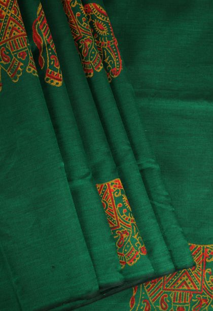 Pine Green Poly Cotton Sarees with Without Zari Zari Eliphant Mottif